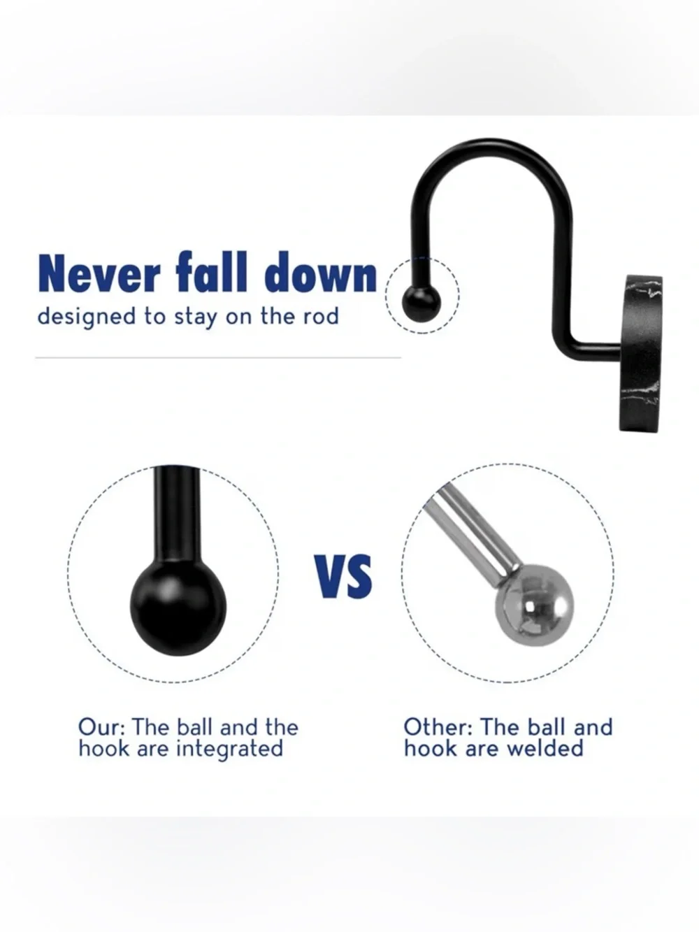 Shower Curtain Hooks- Black Marble Look- Set of 12